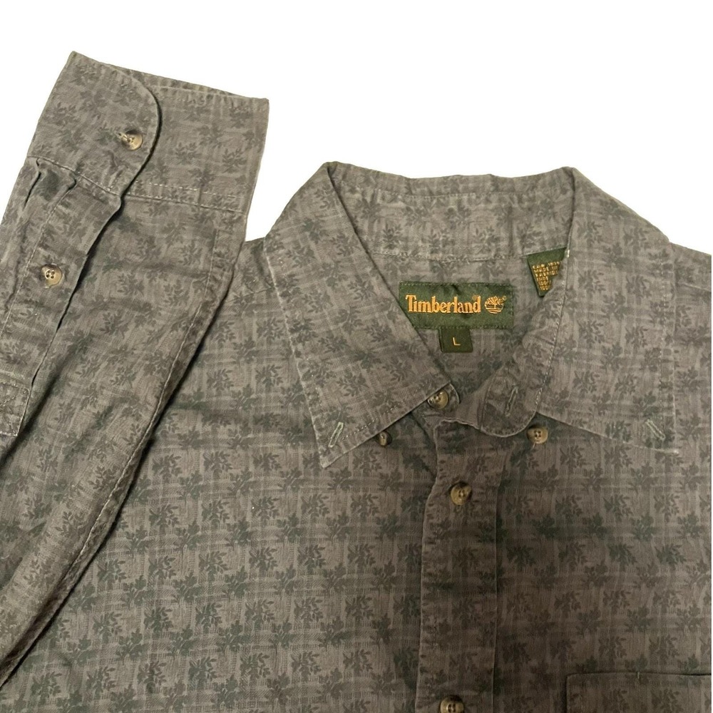 Timberland Mens Gray Leaf Print Cotton Button Down Shirt Gorpcore Y2K Size L